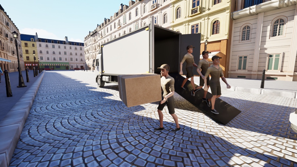 Camion de livraison avec le personnel déchargeant des cartons dans la rue pavée