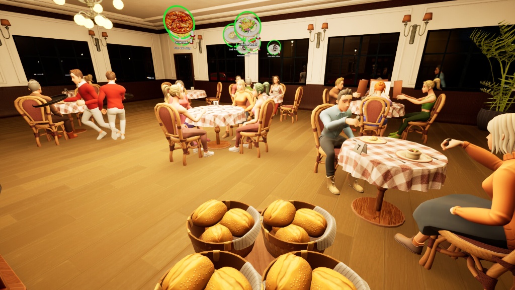 Salle de restaurant en soirée avec paniers de pain et commandes en cours