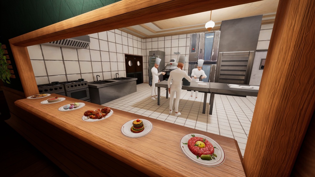 Cuisine professionnelle avec cuisiniers en toque et assiettes dressées