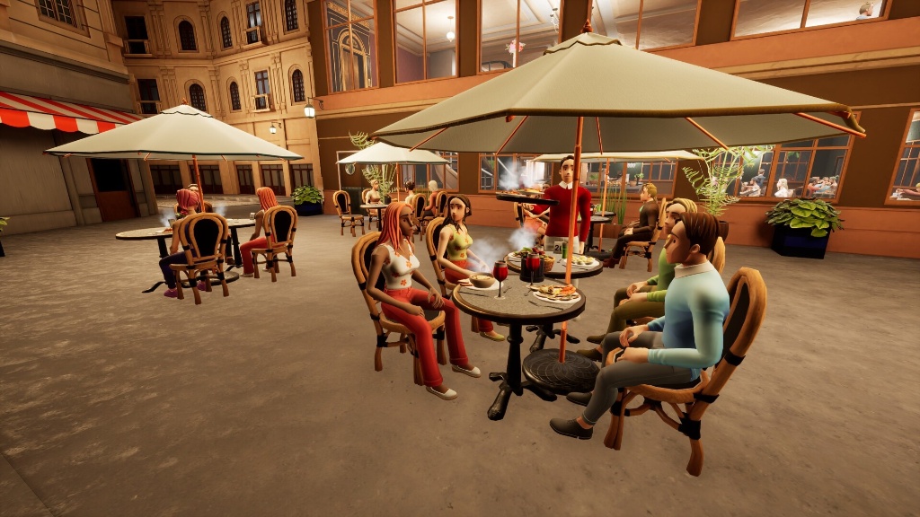 Terrasse extérieure du restaurant avec clients sous les parasols